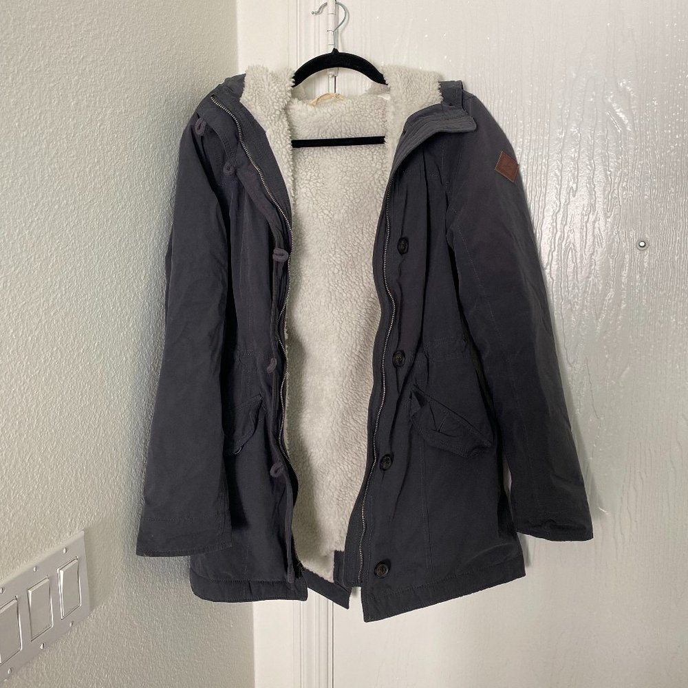 Hollister Dark Grey Sherpa-Lined Parka Coat with Hood